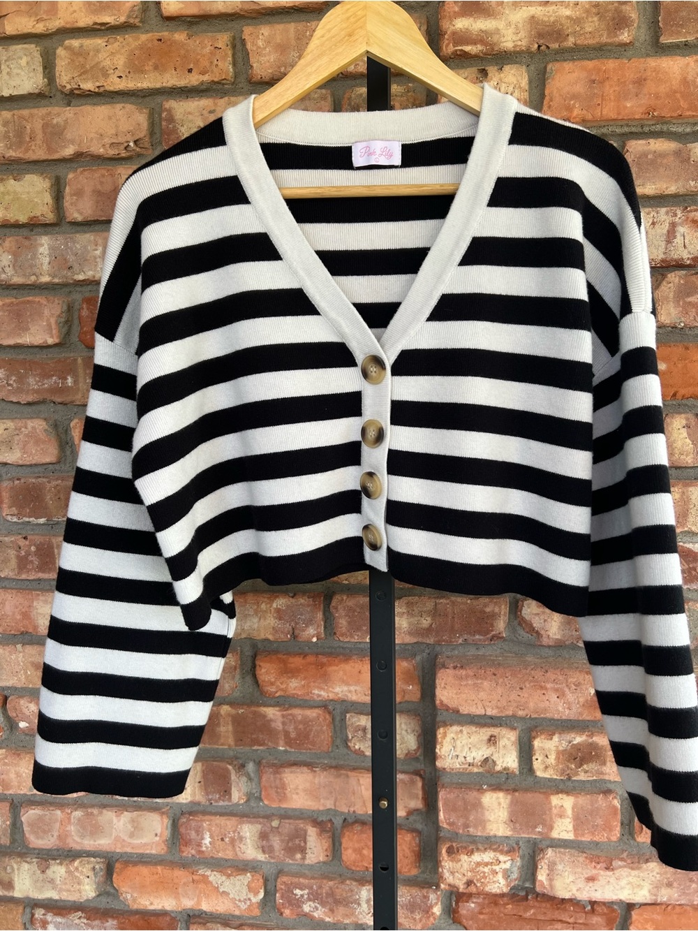 Pink Lilly Striped V-Neck Cropped Cardigan Sweater - Black & White